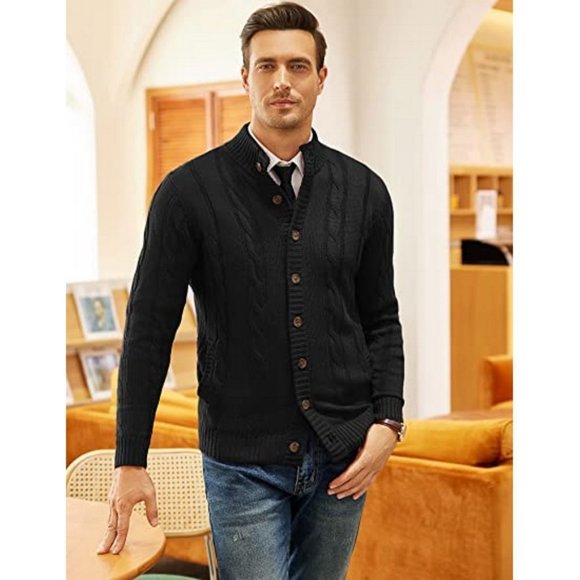 MEN'S Cardigan Sweater Slim Fit Stand Collar Cardigan Casual, Black - Picture 4 of 7